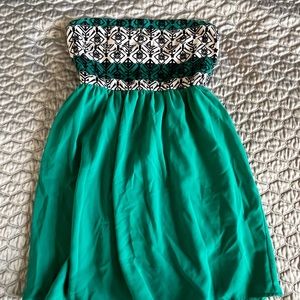 Strapless, teal and patterned dress. Size medium